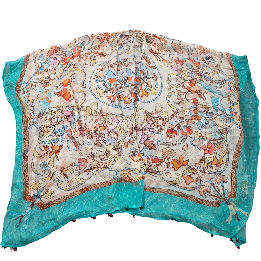 Soft Surroundings Poncho Top Wrap S/M Aqua Sheer Cupro Floral Bird Print Tassel